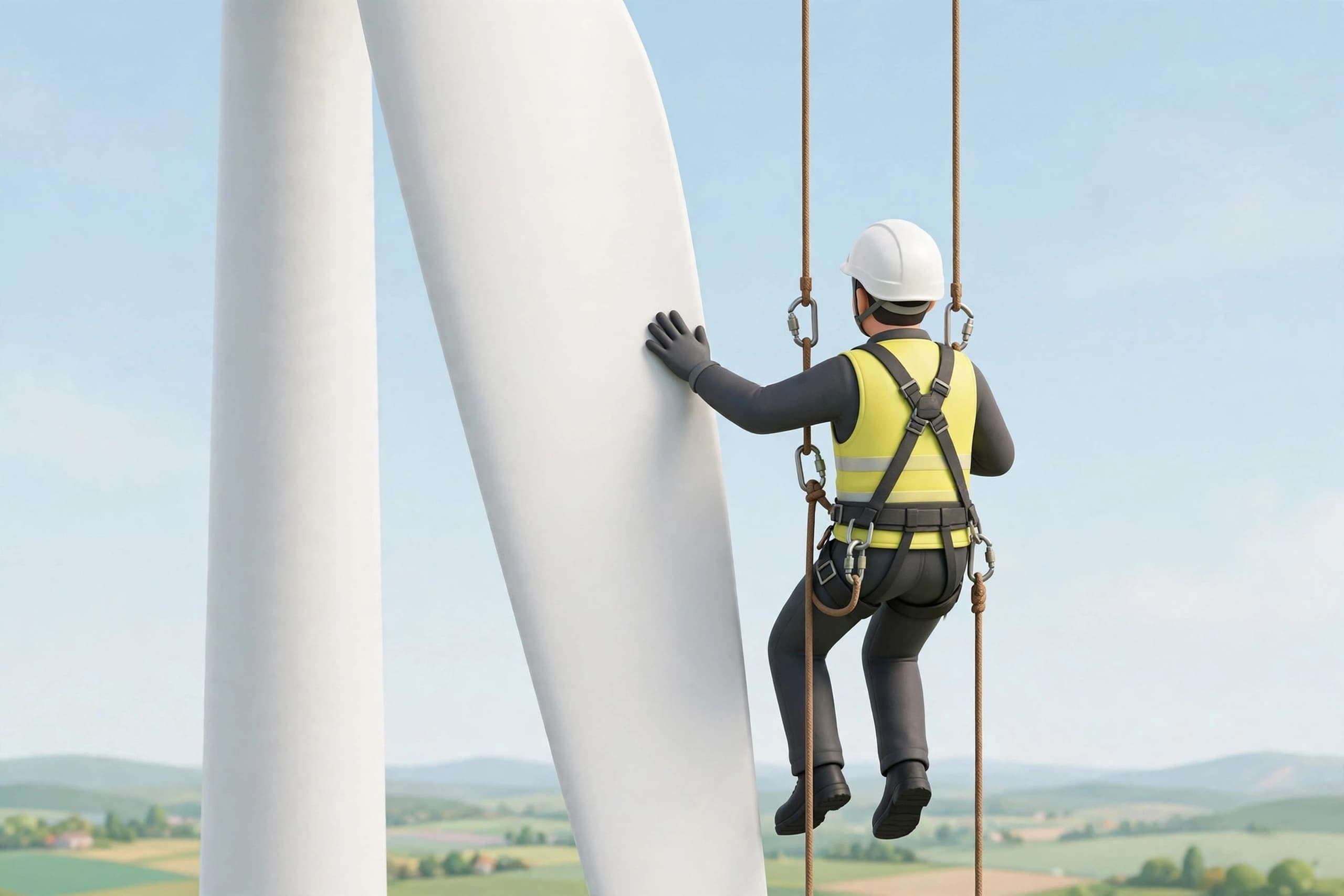Rope access technician inspecting a wind turbine blade